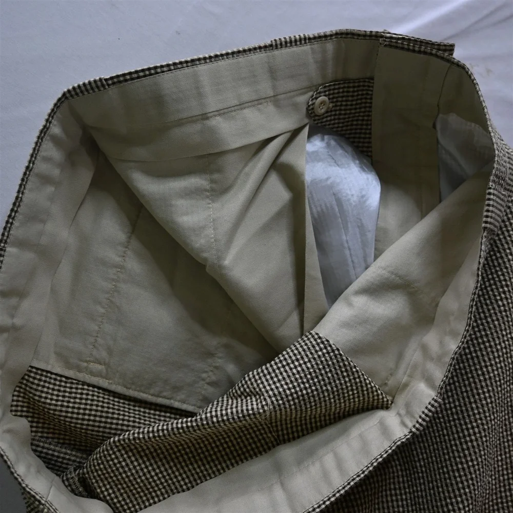Bespoke‎ Mens 40x32 Brown Gingham Check Seersucker Flat Front Classic Mens Pants